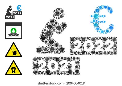 Man pray euro 2022 covid mosaic icon. Man pray euro 2022 collage is organized of randomized bacteria icons. Bonus icons are added. Flat style.