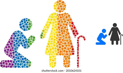 Man pray for grandmother composition icon of filled circles in variable sizes and rainbow multicolored color hues. A dotted LGBT-colored man pray for grandmother for lesbians, gays, bisexuals,
