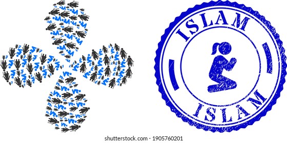 Man pray for grandmother explosion flower shape, and blue round ISLAM corroded stamp seal with icon inside. Object flower with 4 petals combined from oriented man pray for grandmother symbols.