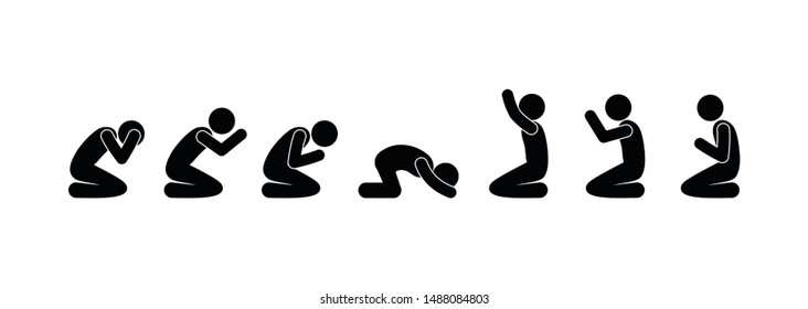 man pray icon, set of people silhouettes on knees, stick figure pictogram, isolated illustration