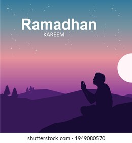 Hombre reza por la noche en el sagrado mes del islam en ramadhan kareem. Gráfico vectorial de ilustración perfecto para el concepto de presentación, banner, portada y promoción