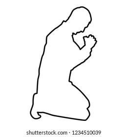 Man pray on his knees silhouette icon outline black color