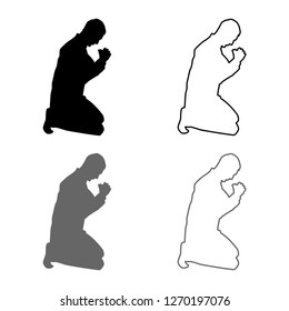 Man pray on his knees silhouette icon outline set grey black color