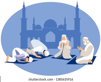 Man pray, prayer in islam. In minimalist style. Cartoon flat Vector Illustration