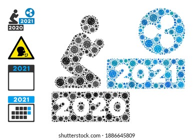 Man pray ripple 2021 covid-2019 mosaic icon. Man pray ripple 2021 collage is composed with random bacteria icons. Bonus icons are added. Flat style.