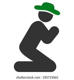 Man Pray vector icon. Style is bicolor flat symbol, green and gray colors, rounded angles, white background.