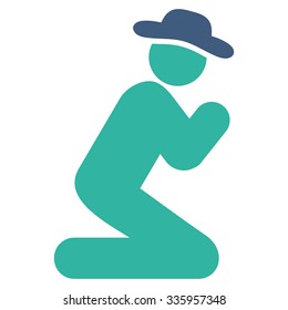 Man Pray vector icon. Style is bicolor flat symbol, cobalt and cyan colors, rounded angles, white background.