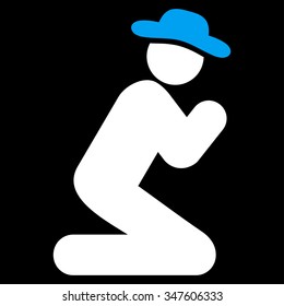 Man Pray vector icon. Style is bicolor flat symbol, blue and white colors, rounded angles, black background.