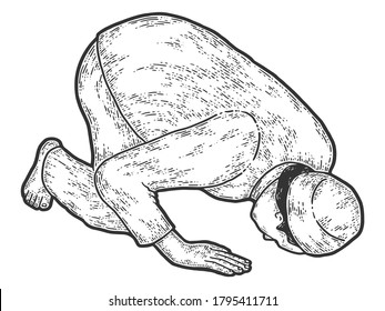 Man betet in Islam. Sketch-Kratzer-Imitation. Färben.