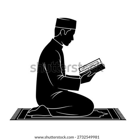 Man in prayer reading the Quran on a mat, symbolizing religious study and devotion during Islamic holy months.