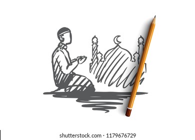 Man, prayer, religion, muslim, arabic, islam, mosque concept. Hand drawn muslim man doing pray standing knees on concept sketch. Isolated vector illustration.