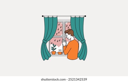 Man praying by the window on a rainy day