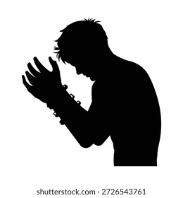 Hombre rezando con las manos dobladas silueta. Silueta negra con fondo para temas espirituales y religiosos.