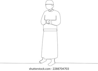 Un hombre rezando con los brazos cruzados. Dibujo de una línea Sholat