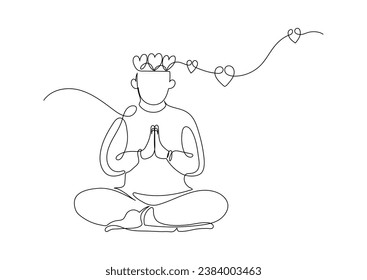 Man praying with love in lotus pose. Religion, faith, meditation concept. Continuous line drawing.