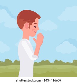 Man praying in namaste hand gesture. Young guy in religious or spiritual ceremony feeling calm, peaceful and untroubled, addressing to God, method of relaxation. Vector flat style cartoon illustration