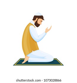 Man praying on his knees, communicating with God, with eyes closed. Ramadan Kareem, prayer sticking to the Koran, home and in mosque. Fulfillment of prayer process, Muslims. Vector illustration.