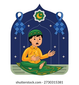 Man Praying on a Prayer Mat Vector Illustration