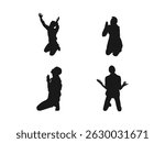 Man praying and praising God on his knees, silhouette set and praying figures in silhouette, showing different expressions of supplication. desperate man expression silhouette illustration.