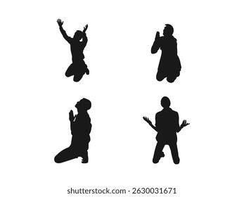 Man praying and praising God on his knees, silhouette set and praying figures in silhouette, showing different expressions of supplication. desperate man expression silhouette illustration.