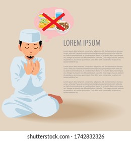 Man praying in Ramadan, communicating with God with eyes closed. Man during Ramadan Kareem sticking to the Koran with prayer at home or in mosque. Fulfillment of Muslim prayer process,. Vector illustration with space for text.