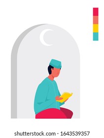 Man Praying And Reading The Quran. Vector Illustration, Ngaji Flat Design, Mengaji, Man Praying And Stay At Home