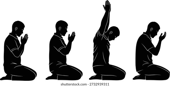 Hombre rezando silueta Vector, ilustración de adoración religiosa que muestra posiciones de oración islámica, devoción, meditación, espiritualidad y concepto de fe, hombre musulmán en diseño de poses de oración