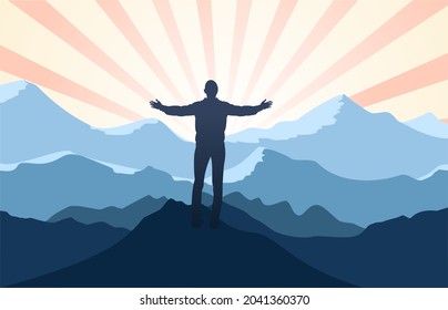 Mann beten auf sonnigen Hintergrund Gipfel der Berge Silhouette.erhobene Hände, Konzept, Ferien, Outdoor, Landschaft.Vektorgrafik.