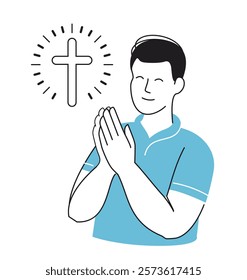 Man prays with clasped hands. Bible, prayer, church service symbol