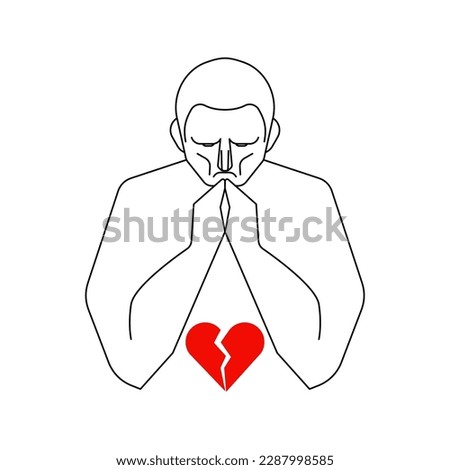 Man prays in front of broken heart. Male prayer before love