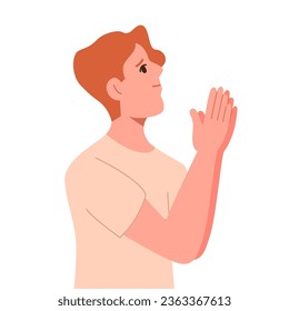 Man Prays to God and Looks Up. Believing Guy from Christian Denomination Prays to Lord. Flat Vector Illustration Isolated on White Background.