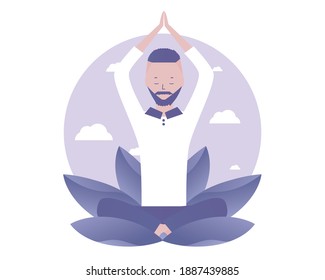 Un hombre reza a Dios. Práctica Espiritual. Ilustración vectorial para teletrabajo, trabajo a distancia y freelance, negocios, start-up, medios sociales y blog