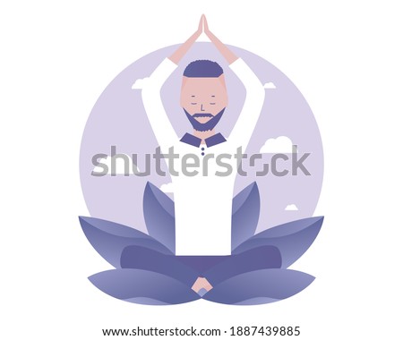 A man prays to God. Spiritual Practice. Vector illustration for telework, remote working and freelancing, business, start up, social media and blog
