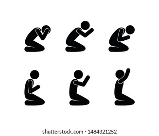 man prays, icon set, stick figure pictogram, isolated silhouettes of people