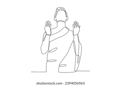 A man prays in Mecca. Hajj one-line drawing
