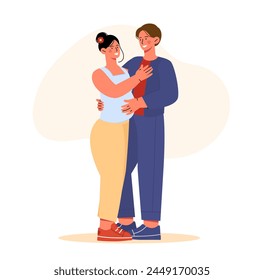 Man with pregnant wife. Young guy standing near girl with big belly. Happy husband and wife waiting for baby. Future parents in love. Cartoon flat vector illustration isolated on white background