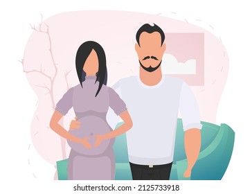 Man and pregnant woman. Banner on the theme of couple jet baby. Positive and conscious pregnancy. Vector in cartoon style.