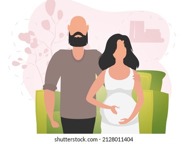 Man and pregnant woman. Banner on the theme Young family is waiting for the birth of a child. Happy pregnancy. Cute illustration in flat style.