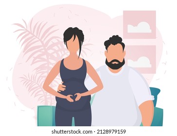 Man and pregnant woman. Banner on the theme of couple jet baby. Positive and conscious pregnancy. Vector illustration.
