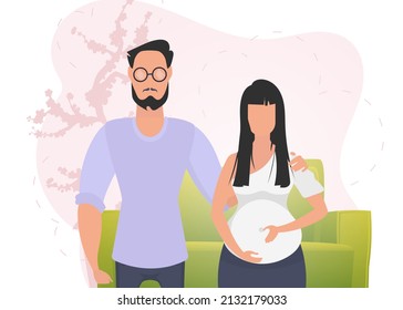 Man and pregnant woman. Banner on the theme Young family is waiting for the birth of a child. Happy pregnancy. Vector in cartoon style.