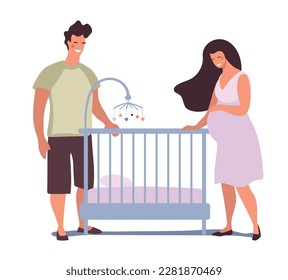 A man and a pregnant woman with a crib for a newborn, young parents are waiting for the birth of a child, young dad and mom, parenthood concept. Vector flat illustration isolated on white background.