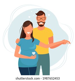 A man and a pregnant woman in an embrace. A happy couple is preparing to become parents. Vector illustration in flat style.