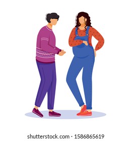 Man and pregnant woman flat vector illustration. Standing husband and wife. Happy relations. Caucasian couple waiting of baby isolated cartoon characters on white background