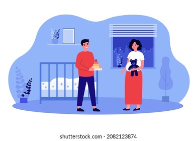 Man And Pregnant Woman Holding Toys Standing In Nursery. Married Couple Waiting For Baby Birth And Preparing Flat Vector Illustration. Parenthood Concept For Banner, Website Design Or Landing Web Page