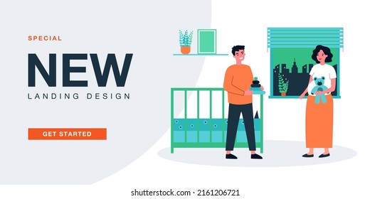 Man And Pregnant Woman Holding Toys Standing In Nursery. Married Couple Waiting For Baby Birth And Preparing Flat Vector Illustration. Parenthood Concept For Banner, Website Design Or Landing Web Page