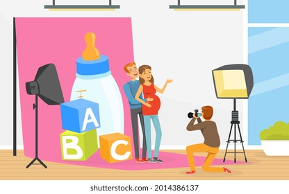 Man with Pregnant Woman Posing in Front of Photographer with Professional Camera Vector Illustration
