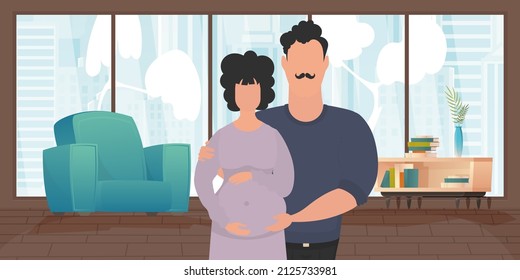 Man and pregnant woman. Poster on the theme Young family is waiting for the birth of a child. Happy pregnancy. Vector illustration in a flat style.