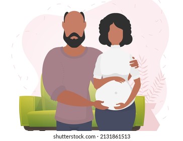 Man and pregnant woman. A poster on the theme of a child's steam jet. Happy pregnancy. Cute illustration in flat style.