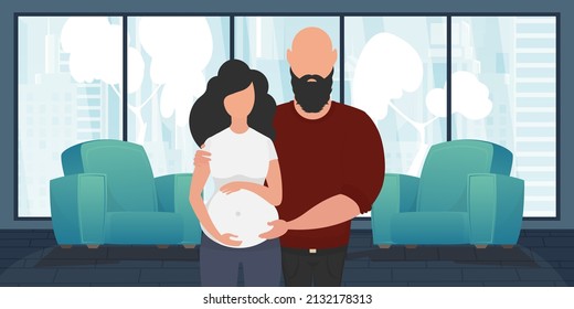 Man and pregnant woman. Poster on the theme Young family is waiting for the birth of a child. Happy pregnancy. Cute illustration in flat style.