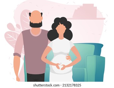 Man and pregnant woman. A poster on the theme of a child's steam jet. Happy pregnancy. Vector illustration.